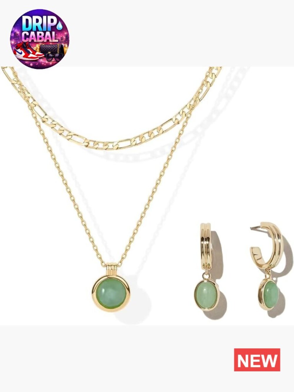 Green Aventurine 18K Gold-Plated Jewelry Set with Hoop Earrings